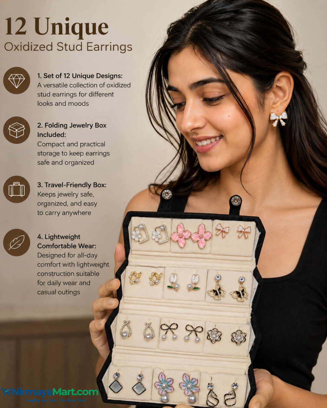 Nirmaya Oxidized Designer Stud Modern Earring Set of 12 With Folding Box