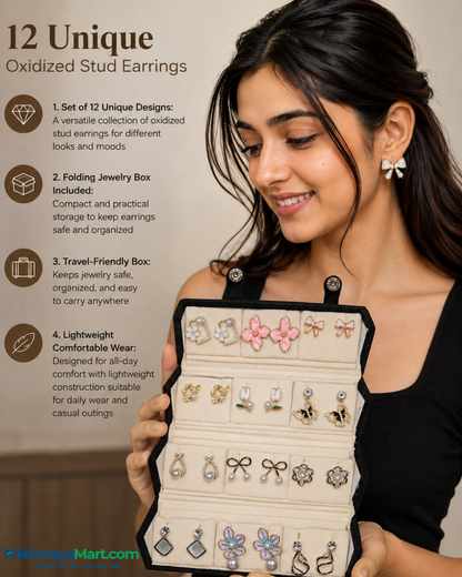 Nirmaya Oxidized Designer Stud Modern Earring Set of 12 With Folding Box