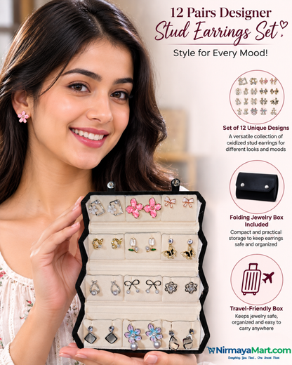 Nirmaya Oxidized Designer Stud Modern Earring Set of 12 With Folding Box