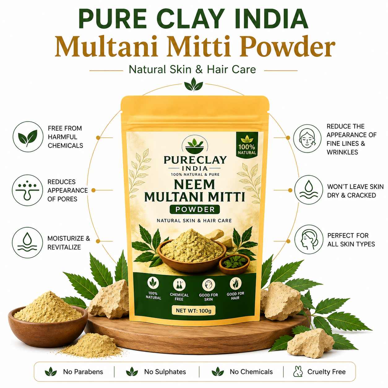 Neem Multani Mitti Powder | Natural Face Pack for Acne, Oil Control & Skin | 100g
